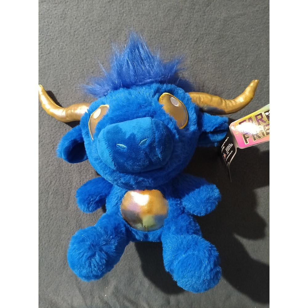 Plush Paradise Far Out Friends Blue Bull Monster Stuffed Animal Gold Horns 10"